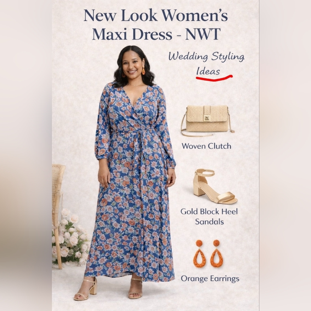 New Look 2X Floral Maxi Dress  Blue Orange Boho Belted Lined
